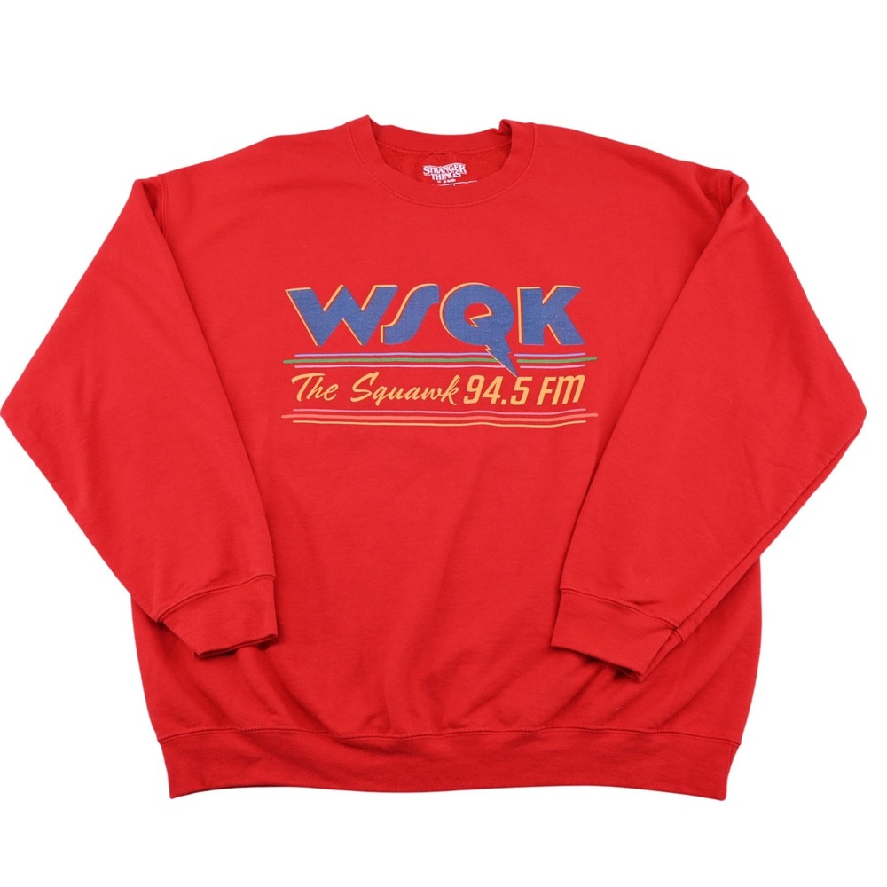 Stranger Things WSQK The Squawk 94.5 FM Red Graphic Crewneck Sweatshirt XL Mens